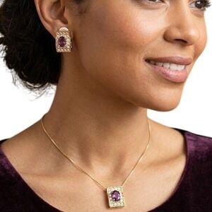 Vintage Park Lane Faux Amethyst Rhinestone Curved Necklace Set Clip On Earrings‎